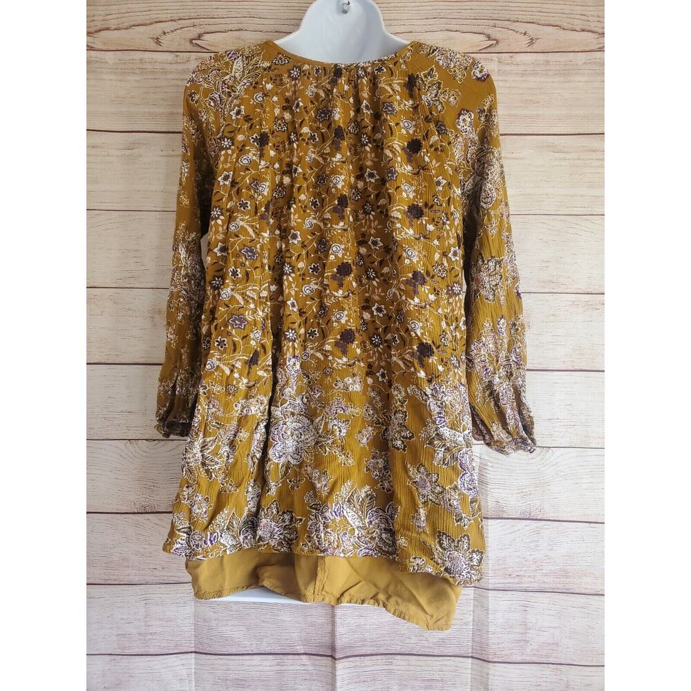 Free People Lucky Loosey Floral Print Mini Dress XSmall Mustard Long Sleeve EUC - Picture 2 of 5